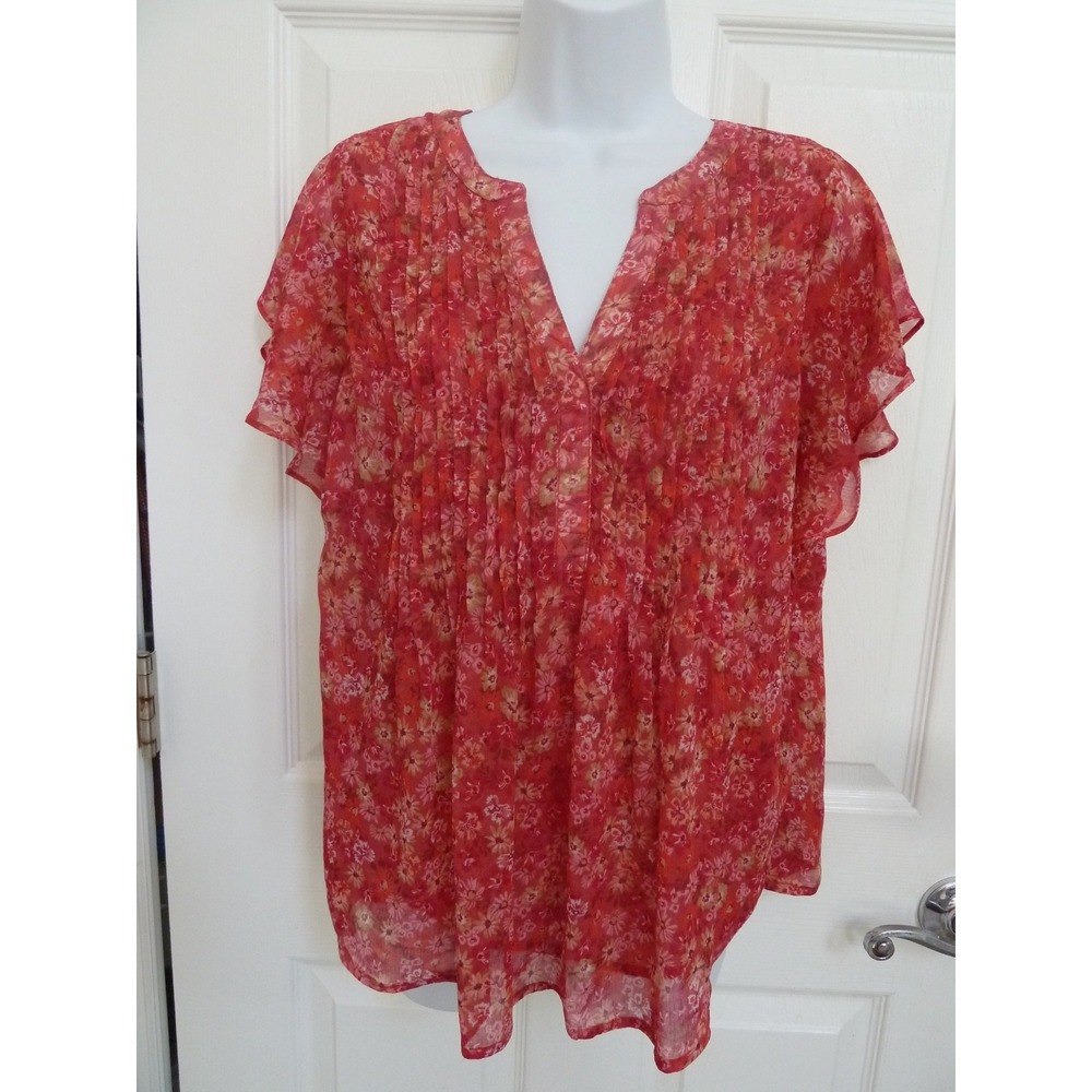 LIVERPOOL LOS ANGELES Sz M Flutter Sleeve Lined Pin-Tucked Floral Peasant Blouse